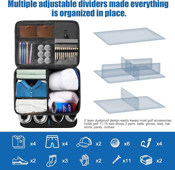 Golf Trunk Organizer for Car SUV with Shoe Compartment & Divider | 2-Layer Golf Storage Bag for Balls, Tees, Accessories | Waterproof Golf Locker Gift for Men, Dad, Golfers - Image 3