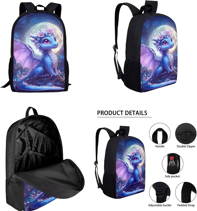 Dragon Backpack and Lunch Box Set Girl 6-8/8-10 Moon Kids Bookbags for 3rd Grade 4 in 1 Elementary School Back Pack with Lunch Bag Pencil Case Water Bottle Holder 17in Primary Schoolbag - Image 2