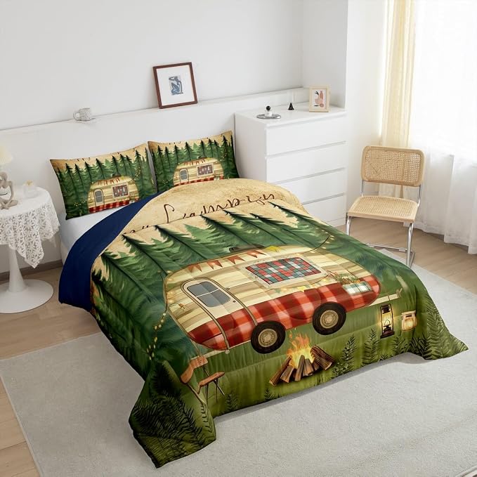 Erosebridal RV Camper Comforter Set for Kids Boys Girls,Camper Themed Bedding Set Full,Mountain Woodland Jungle Bedding Comforter Sets,Farm Wood Barn Camping Duvet Insert with 2 Pillowcases - Image 5