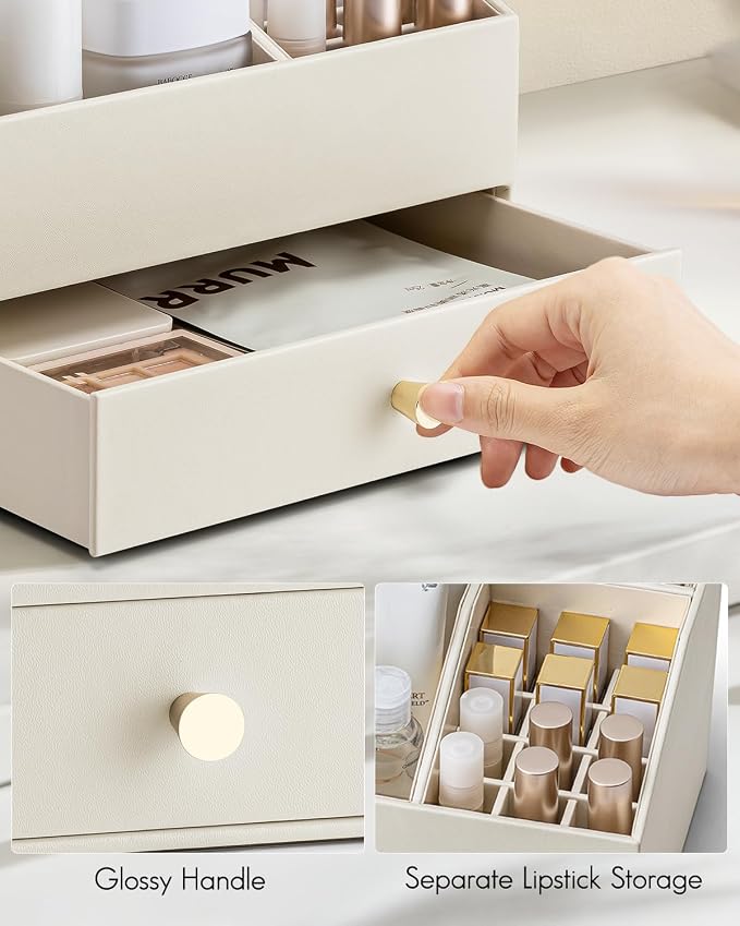 VLANDO Makeup Organizer,Vanity Organizer with Drawers, PU Leather Skincare Organizer Perfume Organizer,Large Cosmetic Display Case for Lipstick,Brushes Gifts for Women-Beige - Image 5