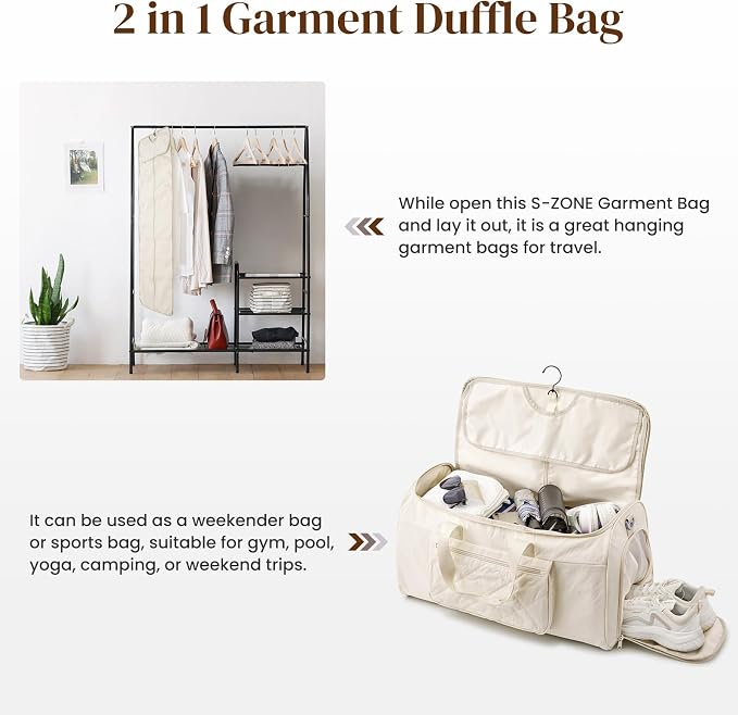 S-ZONE Garment Duffle Bags for Travel Carry on Convertible 2 in 1 Suit Bags Hanging Suitcase with Toiletry Bag 50L - Image 3