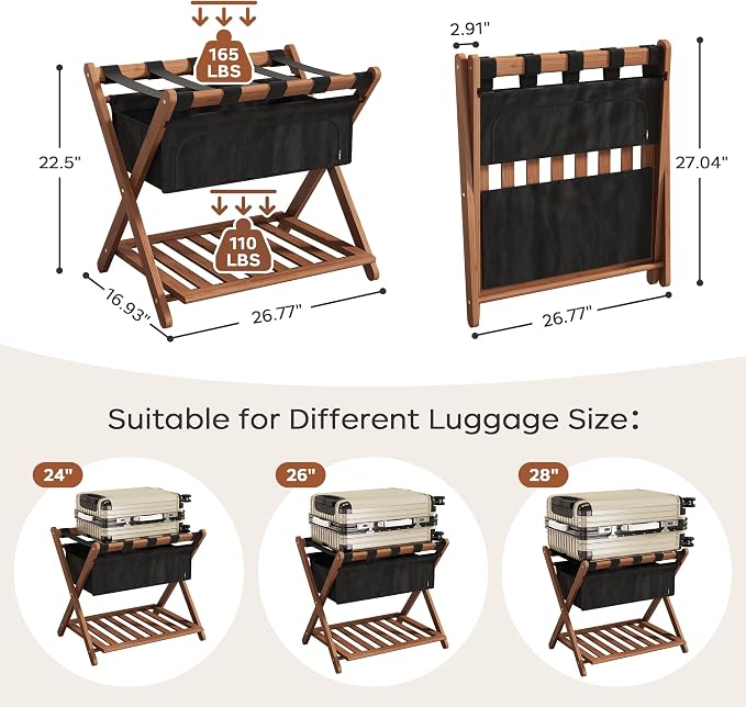 Full Assembled 26.77" L Luggage Rack for Guest Room, Set of 2 Foldable Suitcase Stand with 5 Nylon Straps & Cloth Bag, Luggage Stand Holder with Shoe Shelf for Suitcases Hotel (Walnut Bamboo) - Image 2