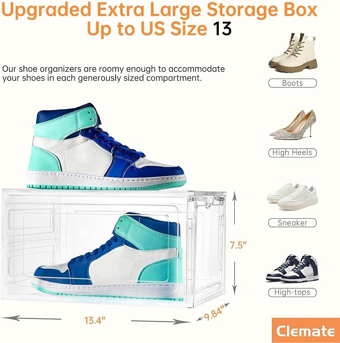 Clemate Upgraded X-Large Shoe Storage Box,8 Pack,Shoe Box Clear Plastic Stackable,Drop Front Shoe Box with Clear Door,Shoe Organizer and Shoe Containers For Sneaker Display,Fit up to US Size12 - Image 4