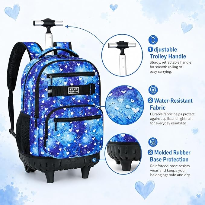 3Pcs Rolling Backpack for Girls, 19 Inche Women Roller Bag with Wheels for Adults, Wheeled Bookbag with Lunch Box(Blue) - Image 5