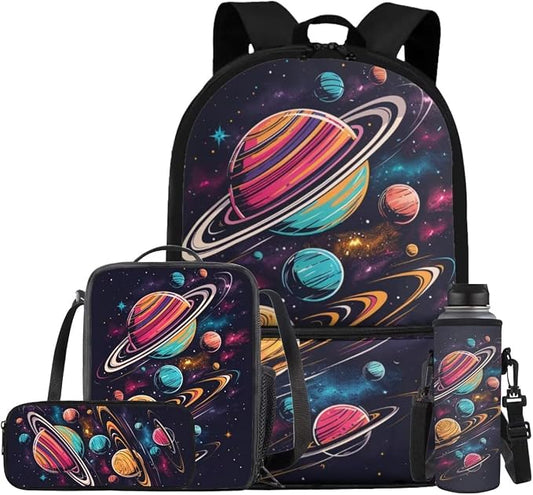 Space Galaxy Backpack for Girls Kids Backpack with Lunch Box Water Bottle Holder and Soft Pencil Pouch 4PCS Set Big Bookbag with Front Pocket for School 17 inch Sturdy School Bag for Boys by ELEDIZI