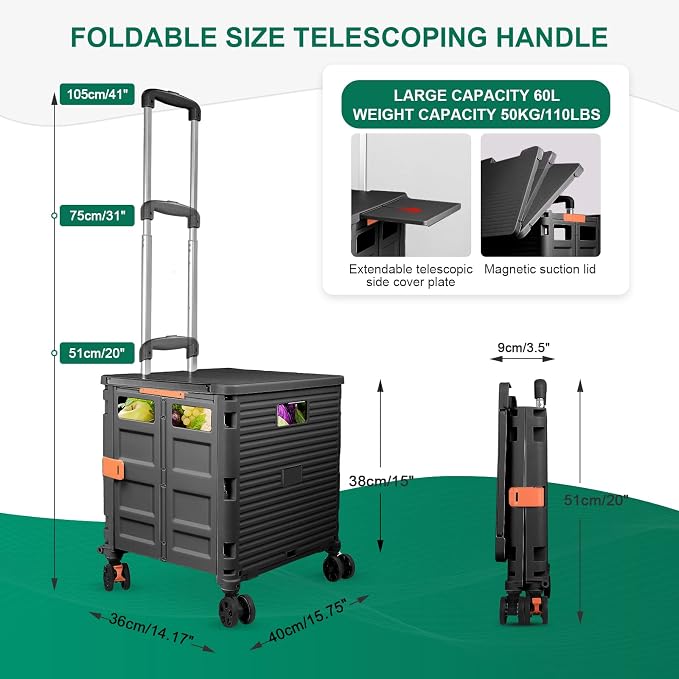 FELICON SELORSS Folding Utility Cart Portable Rolling Crate Handcart-Black | Magnetic Sliding Lid,Telescoping Handle,Plastic Box Dolly,360°Swivel Wheels for Travel Shop Move Laundry Office Teacher Use - Image 4