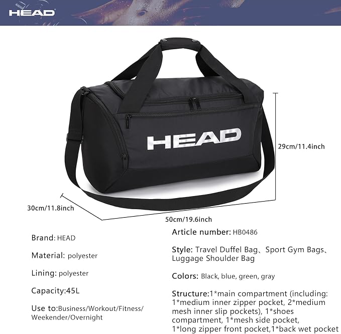 HEAD 45L Gym Duffel Bag with Separate Shoe Compartment & Wet Pocket for Men | Waterproof, Large Openning, with side pocket&inner large zipper pocekt, for Sport, Workout, Fitness, Swimming, Travel - Image 5