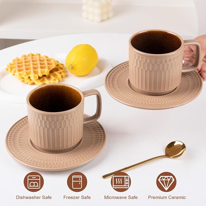 8oz Cappuccino Cups with Saucers Set of 4, 8 Ounce Stackable Embossed Ceramic Coffee Mugs for Specialty Coffee Drinks, Latte Mugs, Cafe Mocha and Tea, Dishwasher & Microwave Safe (Brown) - Image 6