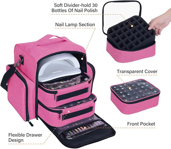 Nail Polish Organizer Case Hold 60 Bottles with 2 Detachable Bag,Red | Portable Travel Storage Box Designed for Women's Nail Tools, Essential Oils and Cosmetics Sets - Image 4