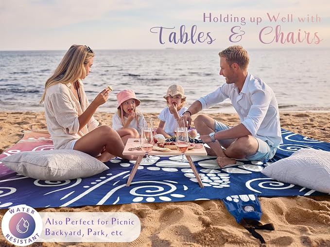 WEKAPO Beach Blanket Waterproof Sandproof Oversized Extra Large Sand Free Beach Mat with Stakes, Storage Bag - Essentials for Outdoor Beach, Picnic (Deep Blue Sea Turtle, 8 X 7 FT (1~4 Person)) - Image 4