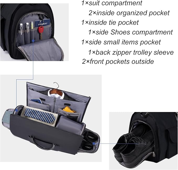 Modoker Garment Convertible Weekender Bag,Carry on Garment Bags for Travel Mens Suit Bag,Canvas Garment Duffle Bag Heavy Duty Overnight Bags for Men Women Hanging Clothes, Black - Image 7
