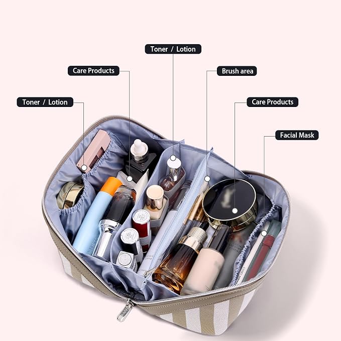 BOYATU Travel Makeup Bag Cosmetic Bag for Women: 3 Pcs Set Striped Make up Bag with Compartment - Waterproof Vegan Leather Toiletry Bag with Handle - Makeup Organizer for Travel Essential(A-6-Apricot) - Image 5