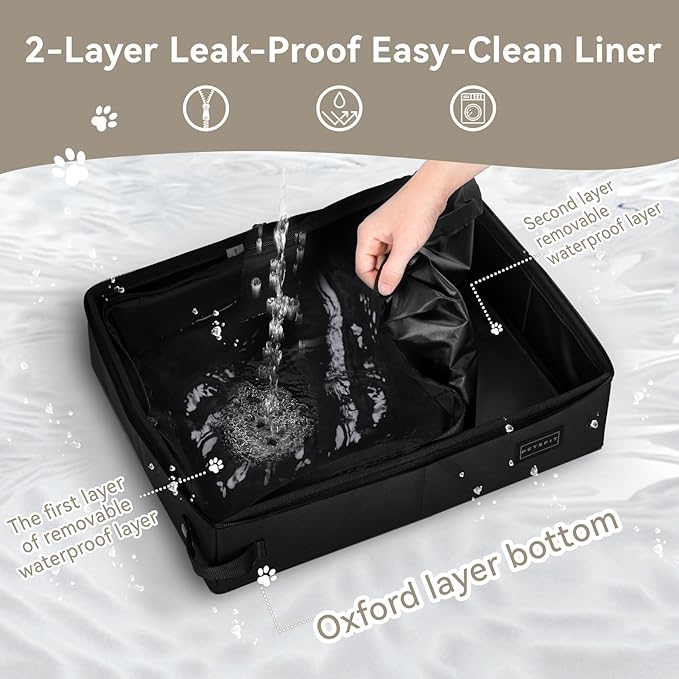 PETSFIT Portable Travel Cat Litter Box – Collapsible, 2-Layer Leak-Proof Washable Liner with Sturdy Support Frame, for Hotel/Car/Camping, Cat Travel Essentials for Kitty/Medium Cats Solid Black - Image 3