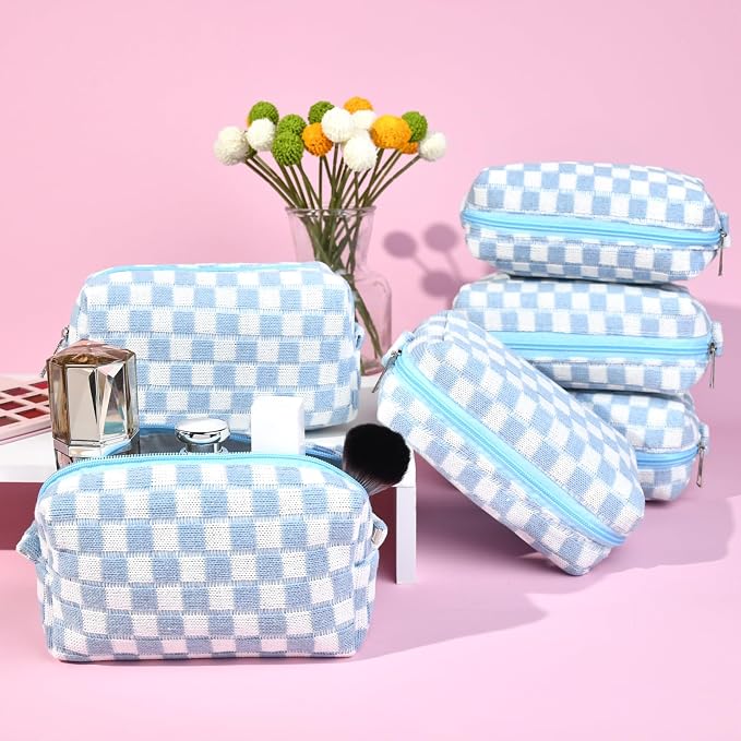SOIDRAM Checkered Makeup Bag Preppy Cosmetic Bag Bulk Blue Makeup Pouch Personalize Travel Toiletry Bag Organizer Cute DIY Makeup Brushes Storage Bag for Women - Image 5