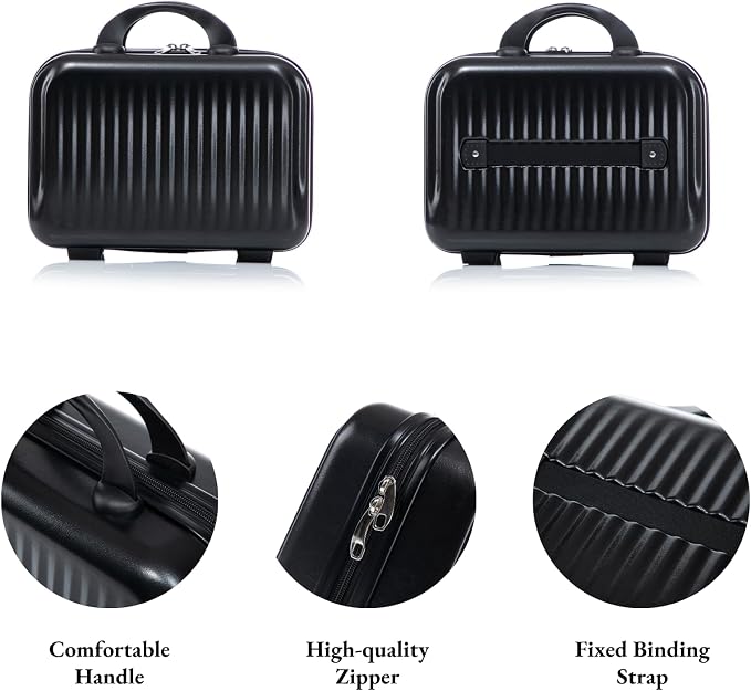 2 Pcs ABS Spinner Luggage Set - 14" Cosmetic Case & 20" Carry-On with Combination Lock, Front Opening Design, Black - Image 6