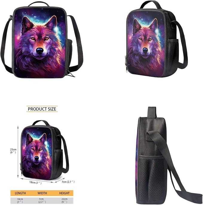 Galaxy Wolf Backpack for Girls Kids Backpack with Lunch Box Water Bottle Carrier with Strap and Pencil Case 4PCS Set Bookbag with Front Pocket for School 17 inch Large Elementary School Bag - Image 4