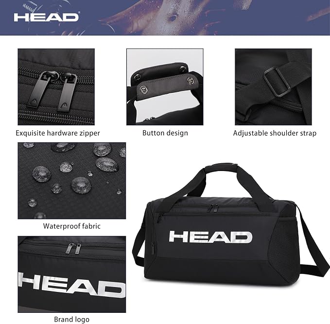 HEAD 45L Gym Duffel Bag with Separate Shoe Compartment & Wet Pocket for Men | Waterproof, Large Openning, with side pocket&inner large zipper pocekt, for Sport, Workout, Fitness, Swimming, Travel - Image 8