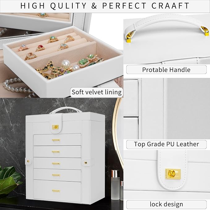 AKOZLIN 6-Tier Jewelry Box Organizer Functional 5 Drawers Leather Jewelry Storage Case for Women Girls Ring Necklace Earring Bracelet Holder Organizer with Mirror White Large - Image 3