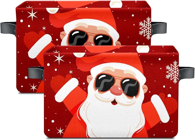Christmas Baskets Storage Bins with Handles, Decorative Christmas Santa Claus Foldable Cloth Organizer Storage Boxes for Home Office 14 x 10 x 8 - Image 2