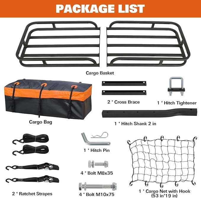WEIZE Hitch Cargo Carrier Basket for SUV, Truck - 53x19 Inches, 500LB Capacity, with Waterproof Bag, Net Strap, Tightener, Powder Coated for Durability, Easy Installation, for Camping and Travel - Image 5