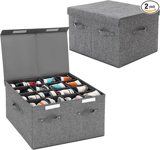 2 Pack Shoe Storage Box Fits 32 Pairs, Large Shoe Organizer with Lid and Adjustable Dividers for Closet, Shoes, Sneakers and High Heeled, Foldable and Stackable (Grey) by FBBABB