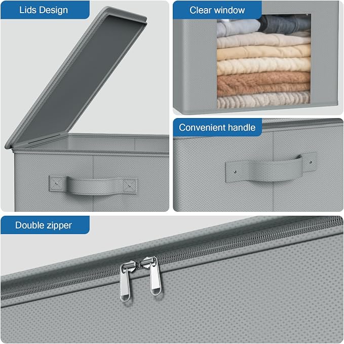 Zilink Fabric Storage Bins with Lid 4-Pack Stackable Closet Storage Bins Sweater Organizer with Zipper & Clear Window Closet Organizers and Storage Box for Home, Bedroom (Light Grey,17" x 12" x 12") - Image 3
