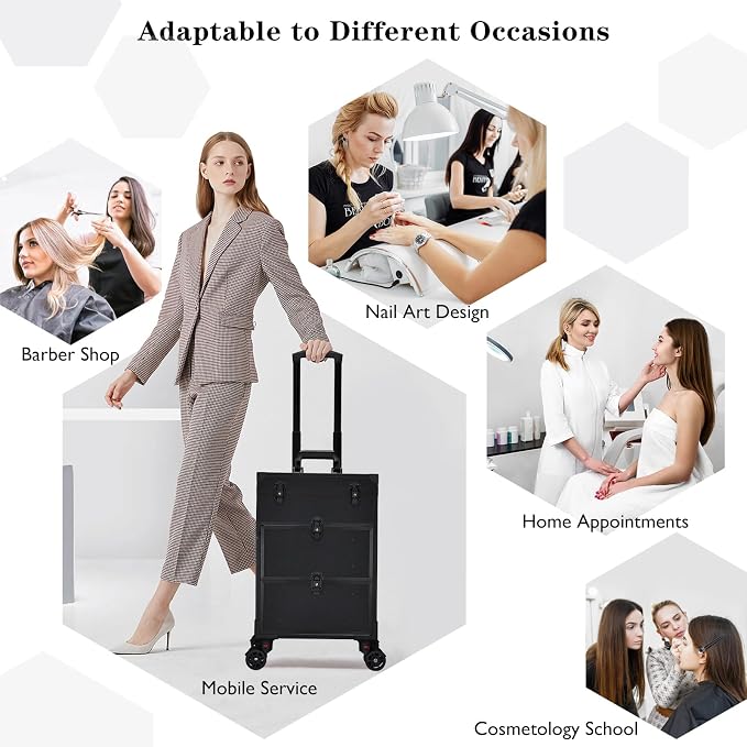 Faquenc Rolling Makeup Train Case with 2 Extra Large Drawers Nail Organizer Case with Wheels Traveling Cosmetology Case with Makeup Pouch for Mobile Stylist Artists Nail Salon Cart Trunk Black - Image 4