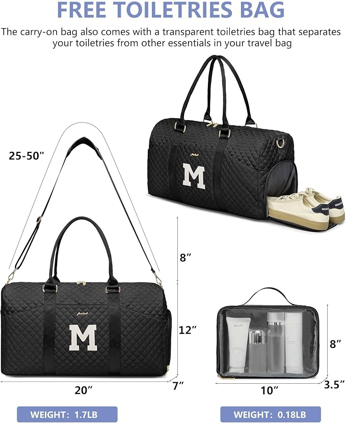 Women Weekender Travel Duffle Bag: Initial Duffel Overnight Bags with Shoe Compartment Large Carry on Tote with Toiletry Bag Weekend Traveling Yoga Gym Hospital Bag for Women with Wet Pocket Letter M - Image 2