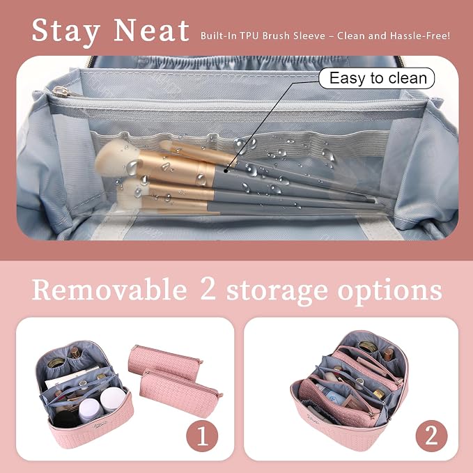 BOYATU Travel Makeup Bag Cosmetic Bags for Women: Large Capacity 3 Pcs Set Make up Bag with Compartments - Waterproof Vegan Leather Toiletry Organizer Bags with Handle (L39 Pink) - Image 6