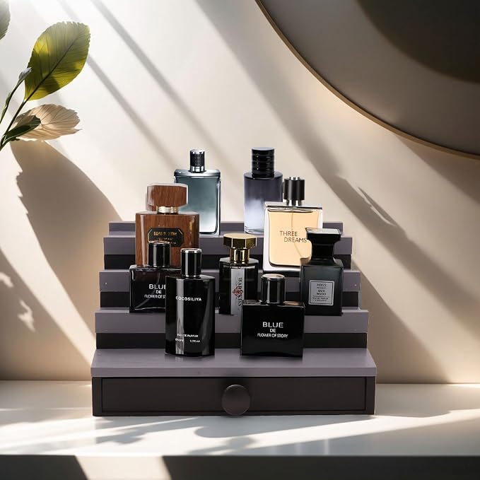 4 Tier Men's Cologne Organizer, Black Gray Wood Display Stand with Drawer | Tiered Cologne Shelf Rack, mens perfume holder, cologne collection, Hidden Storage, Dresser Fragrance Display, Gift for Men - Image 2