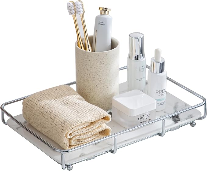 Dobbyby Vanity Tray Makeup Organizer Cosmetics Storage Bathroom Skincare Organizer Countertop Display Rack in Dresser Stainless Steel Shelf Marble Print Ceramic Trays by Dobbyby