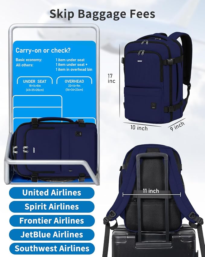 WANDF Travel Backpack For Spirit Airlines Personal Item Bag 18x14x8 with Wet Pocket, 17 Inch Laptop Backpack for Men Women | Frontier Airline Underseat Fit, Fits 17" Laptop, 180°Opening, Travel Backpack - Image 3