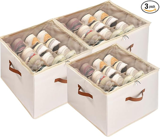 Shoe Organizer for Closet, 3 Pack Shoe Storage Bins with Clear Cover, Adjustable Dividers Fits 24-48 Pairs, Beige by Vexalora