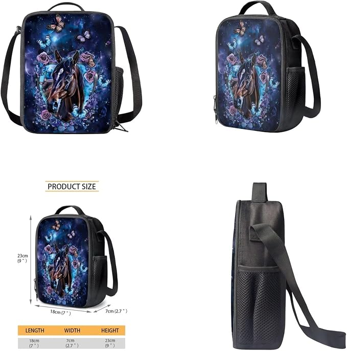 Galaxy Horse Backpack for Girls Kids Backpack with Lunch Box Water Bottle Holder and Soft Pencil Case 4PCS Set Bookbag with Front Pocket for School Teens 17" Sturdy School Bag with Side Pocket - Image 4