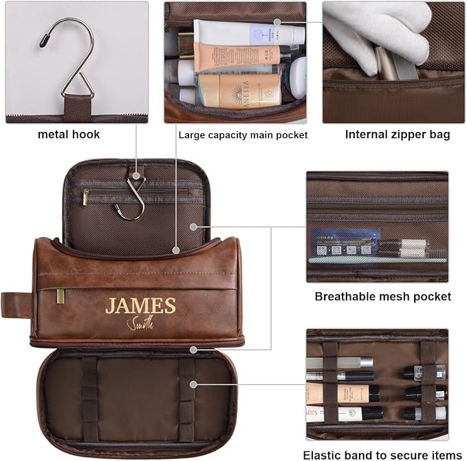 Personalized Leather Toiletry Bag, Brown, Three Layer Structure, Waterproof, Customizable Name Engraving, Travel Organizer for Men, Multi-Occasion Gift (UK2001) - Image 8