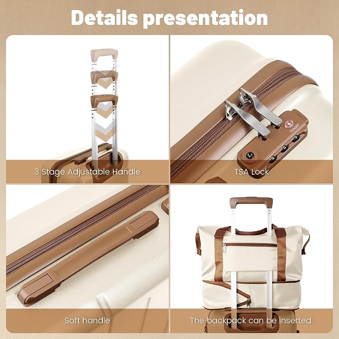 5 Piece 20" 24" 28" ABS Hardside Luggage Set, Lightweight Suitcase with TSA Lock & Smooth Spinner Wheels for Weekend and Air Travel (20/24/28/DB/TB Beige) - Image 3