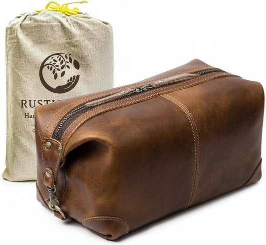 RUSTIC TOWN Full Grain Leather Toiletry Bag for Men & Women – Handcrafted Travel Dopp Kit – Large Water-Resistant Makeup & Shaving Organizer by RusticTown