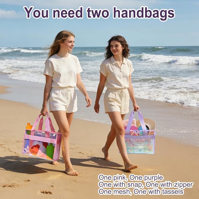 Iridescent Beach Bag, 2Pcs Large Clear Jelly Tote Bag for Women | Jelly Beach Bag, Purple & Pink, Waterproof & Sandproof, Zipper&Snap, Gym Pool Swim Bag Cruise Beach Essential for Family 2026 - Image 4