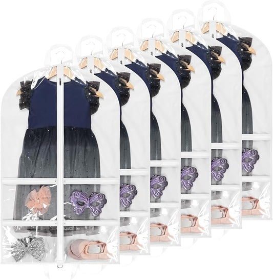KEEGH Clear Garment Bags for Dance Costumes 40 inch Dance Garment Bags for Dancers Hanging Clothes for Closet Storage, with 4 Zipper Pockets for Dance Competitions, Ballet, Theatre, 6 Pack, White by KEEGH