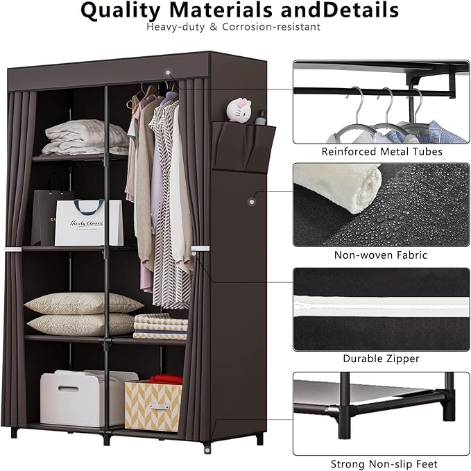 SORCEDAS Portable Closet Wardrobe Organizer Storage with Cover Non-Woben Fabric Portable Wardrobe Closet for Hanging Clothes Racks Shelving 33 Inch for Bedroom, Blue (Coffee, 33Inch) - Image 6