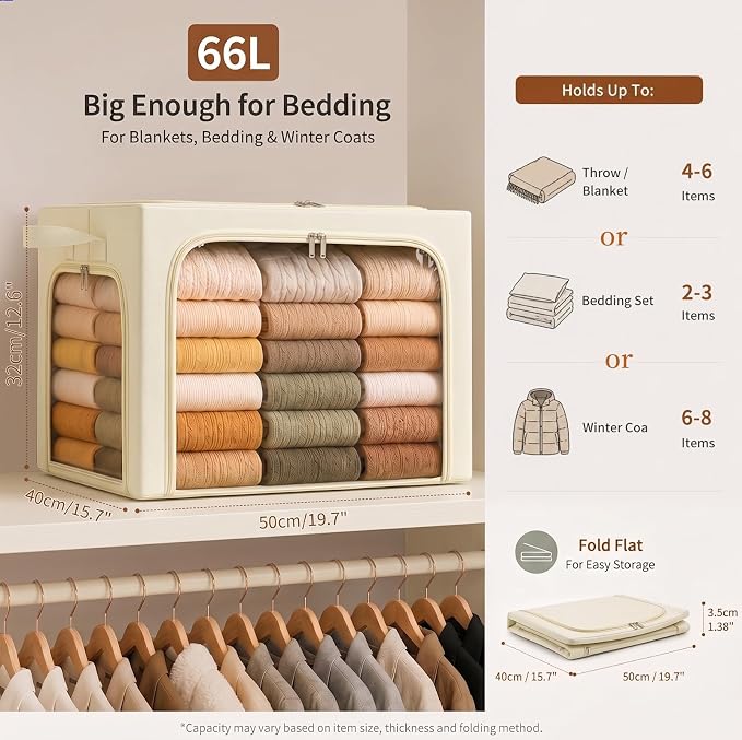 GoMaihe 3 Opening Clothes Storage Bins with Metal Frame, 66L Blanket Storage Organizer for Walk-in Closet Large Storage Boxes with Clear Window for Bedding Winter Clothing 3-Pack Beige - Image 5
