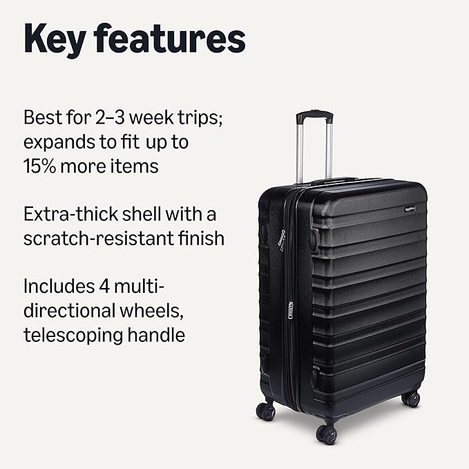 Amazon Basics 30" Hardside Large Checked Luggage, Hardshell Suitcase With Four Multi-directional Wheels, Expandable For Up to 15% More Space, Scratch-Resistant Shell, Black - Image 2