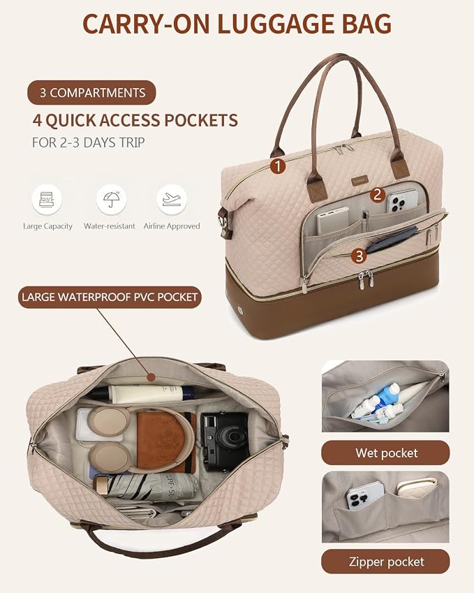 Weekender Bags for Women Travel, Under Seat Carry On Bags for Airplanes Overnight Bag with Shoe Compartment Luggage Sleeve, Foldie Travel Tote Bag Hospital Bag, Travel Gifts, Nude Brown - Image 5