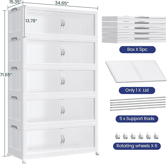300Gal/1200QT 5-Tiers Extra Large Stackable Storage Bins with Lid, Collapsible Cabinet Closet Organizer Plastic Container Box with Wheels Doors Drawers for Office Dorm Kitchen, White - Image 2