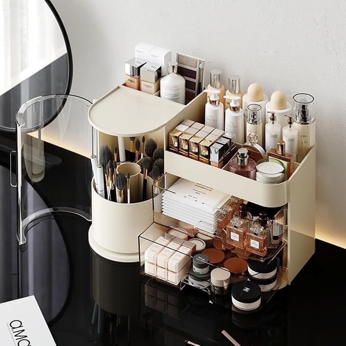 Makeup Organizer with Rotating Brush Holder Cosmetic Organizer with Drawers Countertop Skincare Organizer for Vanity,Cosmetic Display Case Storage (Cream, Large) - Image 6