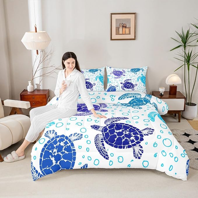 Erosebridal Sea Turtle Down Comforter Twin Size, Kids Bohemian Tortoise Comforter Set, Ocean Life Blue Sea Duvet Insert Underwater Word Bedding for Children Boys Girls Teens Bedroom - Image 3