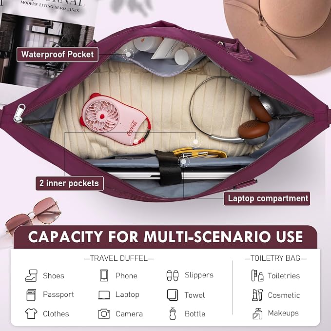 WOOMADA Weekender Overnight Bag for Women, Carry on Shoulder Travel Duffel with Shoes Compartment,Gym Bag with Toiletry Bag - Image 4