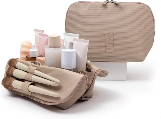 THE VERTI-Vertical Waterproof Makeup & Toiletry Bag | 23-Pocket Organizer with Upright, Fold-Down Design for Skincare, Toiletries & Essentials (Sandstone, Medium) by Unknown