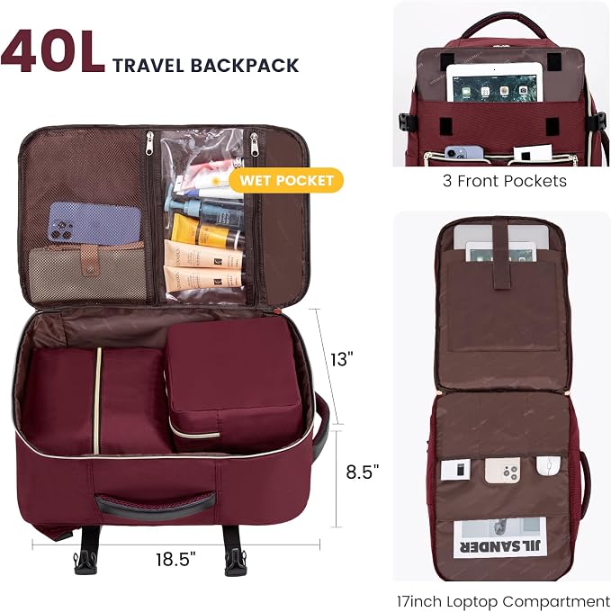 LOVEVOOK 40L Large Travel Backpack for Women, Flight Approved, Waterproof, TSA Compliant, Fits 17.3'' Laptop, 17 Pockets, 3 Packing Cubes - Image 2