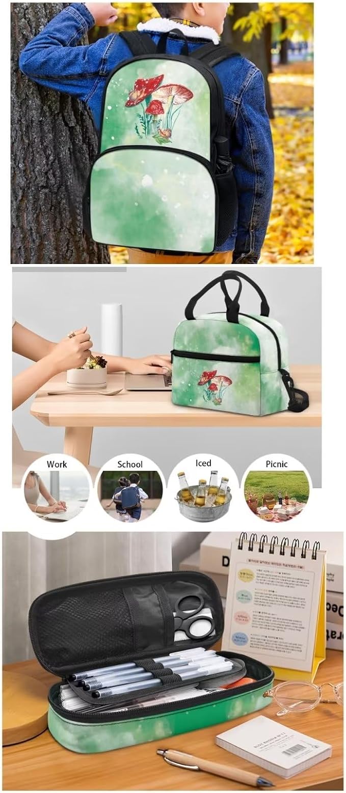 Green Mushroom Backpack with Lunch Box and Pencil Case Girls Comfy Padded Cute School Backpack Set of 3 Bookbag for Student Lightweight Large Capacity Daypack - Image 5